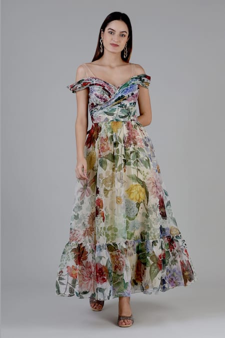 Geisha Designs Grey Polyester Print Floral Garden Sweetheart Neck Josephine Gown 