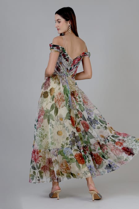 Shop_Geisha Designs_Grey Polyester Print Floral Garden Sweetheart Neck Josephine Gown  _at_Aza_Fashions