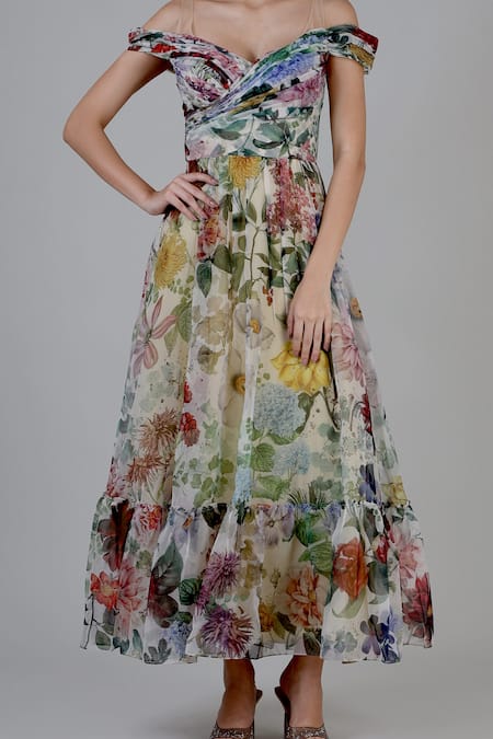 Geisha Designs_Grey Polyester Print Floral Garden Sweetheart Neck Josephine Gown  _Online_at_Aza_Fashions