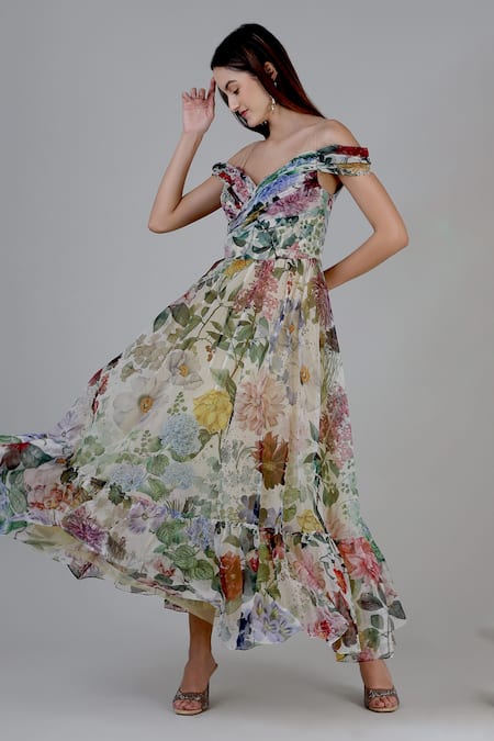 Buy_Geisha Designs_Grey Polyester Print Floral Garden Sweetheart Neck Josephine Gown  _Online_at_Aza_Fashions