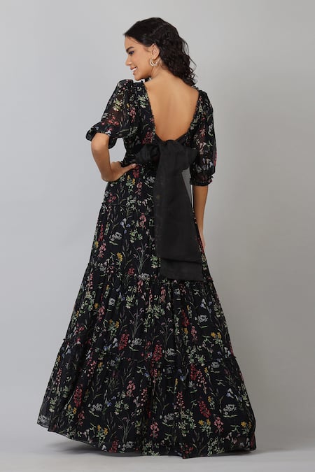 Shop_Geisha Designs_Black Polyester Print Floral Garden Plunging Neck Vivienne Gown  _at_Aza_Fashions