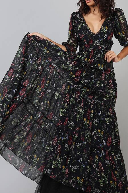 Geisha Designs_Black Polyester Print Floral Garden Plunging Neck Vivienne Gown  _Online_at_Aza_Fashions