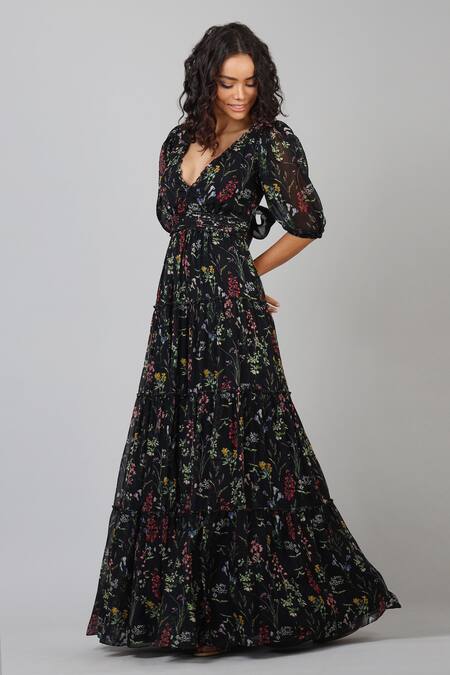 Buy_Geisha Designs_Black Polyester Print Floral Garden Plunging Neck Vivienne Gown  _Online_at_Aza_Fashions