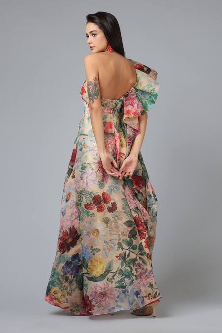 Geisha Designs Peach Polyester Print Floral Asymmetric Neck Margaret Gown  2