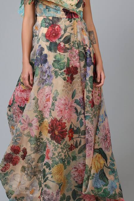 Geisha Designs Peach Polyester Print Floral Asymmetric Neck Margaret Gown  3