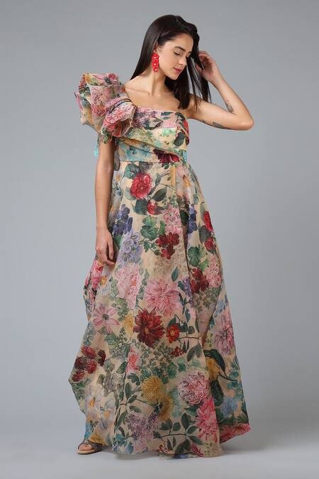 Geisha Designs Peach Polyester Print Floral Asymmetric Neck Margaret Gown  4