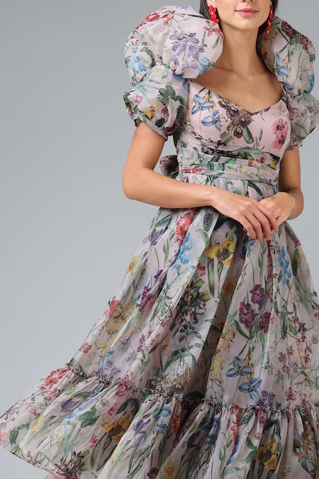 Geisha Designs_Grey Polyester Print Floral Sweetheart Neck Josephine Layered Gown  _Online_at_Aza_Fashions