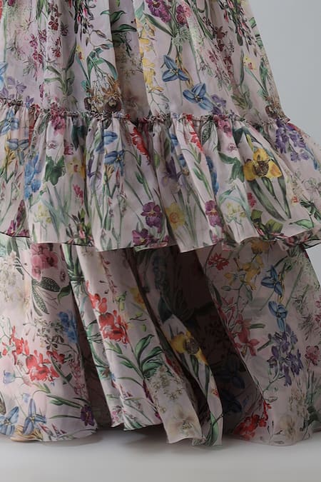 Buy_Geisha Designs_Grey Polyester Print Floral Sweetheart Neck Josephine Layered Gown  _Online_at_Aza_Fashions