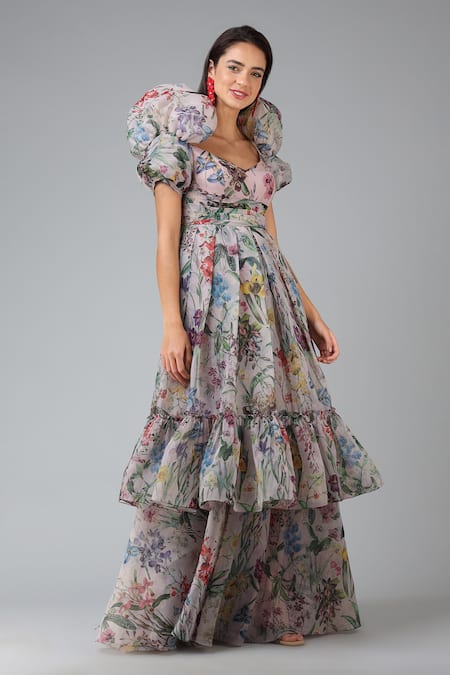 Shop_Geisha Designs_Grey Polyester Print Floral Sweetheart Neck Josephine Layered Gown  _Online_at_Aza_Fashions