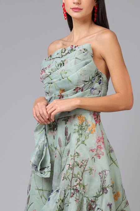 Geisha Designs_Green Polyester Print Wildflowers Asymmetric Neck Florence Draped Bodice Gown _Online_at_Aza_Fashions