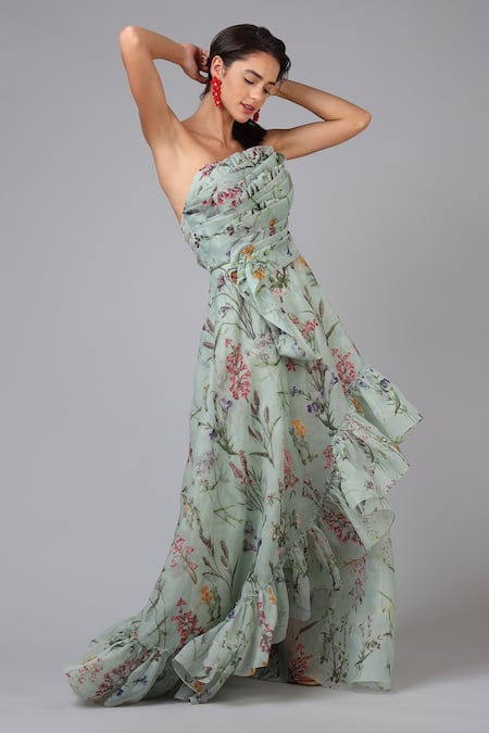 Buy_Geisha Designs_Green Polyester Print Wildflowers Asymmetric Neck Florence Draped Bodice Gown _Online_at_Aza_Fashions