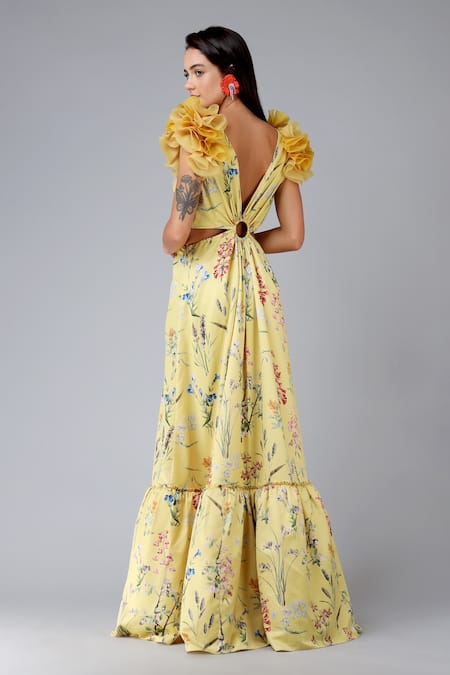 Shop_Geisha Designs_Yellow Polyester Print Wildflowers V Neck Esther Gown  _at_Aza_Fashions