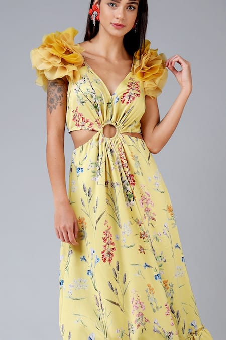 Geisha Designs_Yellow Polyester Print Wildflowers V Neck Esther Gown  _Online_at_Aza_Fashions