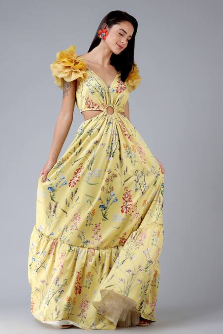 Buy_Geisha Designs_Yellow Polyester Print Wildflowers V Neck Esther Gown  _Online_at_Aza_Fashions