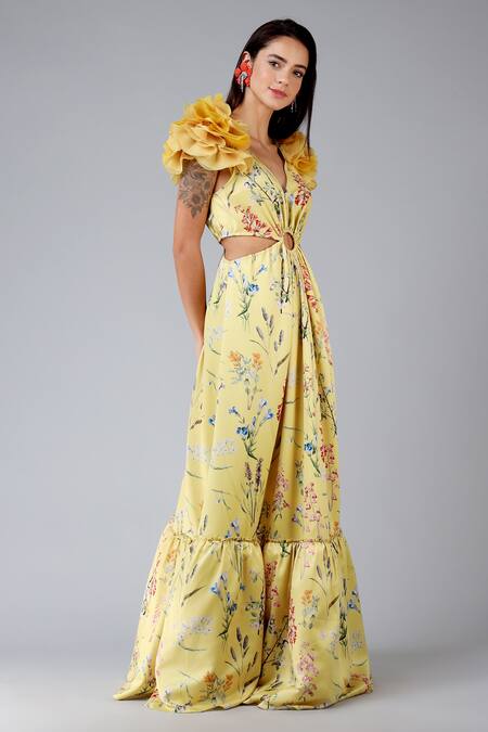 Shop_Geisha Designs_Yellow Polyester Print Wildflowers V Neck Esther Gown  _Online_at_Aza_Fashions