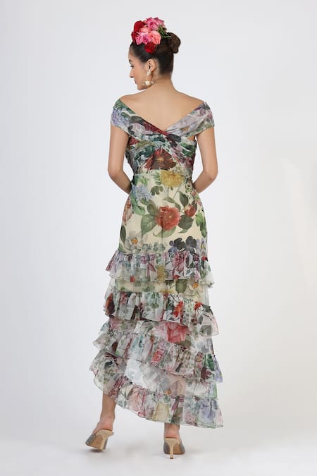 Shop_Geisha Designs_Grey Polyester Print Floral Spread V Neck Fleur Ruffled Gown _at_Aza_Fashions