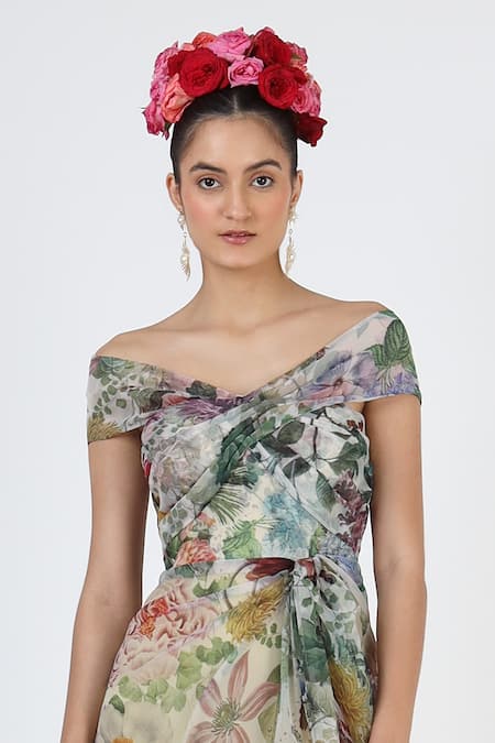 Geisha Designs_Grey Polyester Print Floral Spread V Neck Fleur Ruffled Gown _Online_at_Aza_Fashions