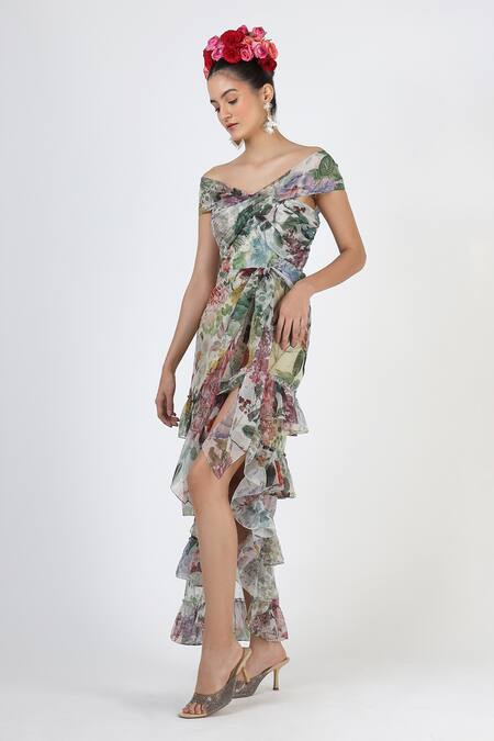 Buy_Geisha Designs_Grey Polyester Print Floral Spread V Neck Fleur Ruffled Gown _Online_at_Aza_Fashions