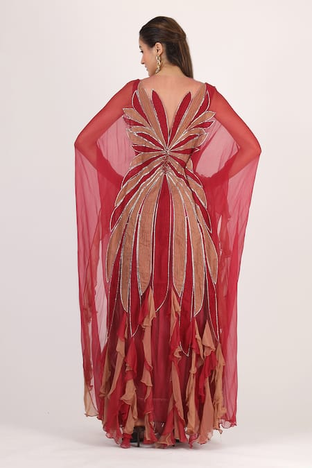 Shop_Geisha Designs_Pink Polyester Embellished Feather Ornaments Round Neck Livietta Kaftan Gown _at_Aza_Fashions