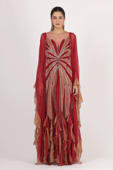 Buy_Geisha Designs_Pink Polyester Embellished Feather Ornaments Round Neck Livietta Kaftan Gown _Online_at_Aza_Fashions