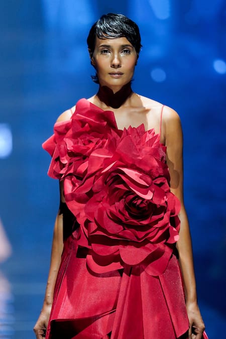 Geisha Designs_Red Polyester Applique 3d Rose Asymmetric Neck Dress  _Online_at_Aza_Fashions