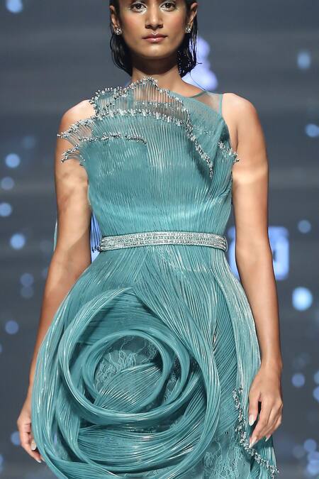 Geisha Designs_Green Nylon Applique Bloom Round Neck Arenda Dress With Belt  _Online_at_Aza_Fashions