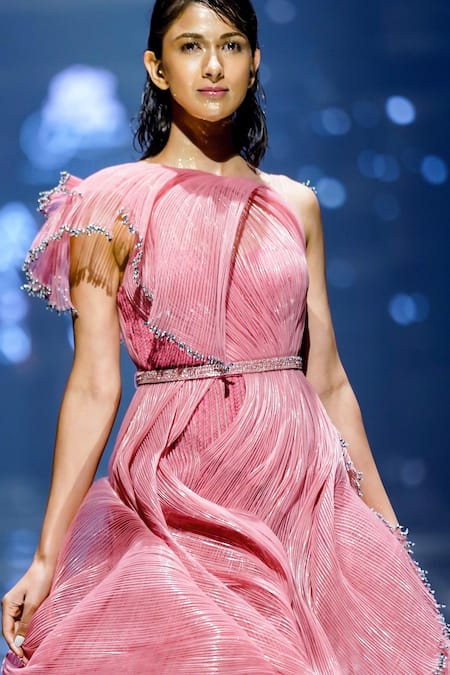 Geisha Designs Pink Nylon Applique Orchids Asymmetric Rosalie Twisted Tulle Dress 