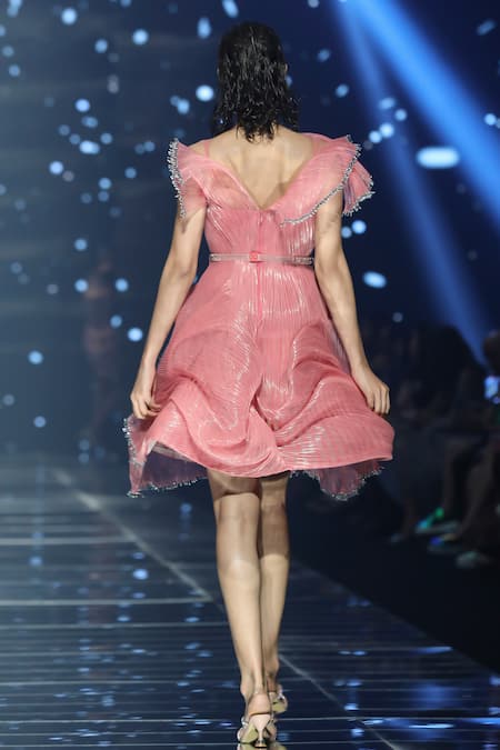 Shop Geisha Designs Pink Nylon Applique Orchids Asymmetric Neck Embellished Twisted Tulle Dress at Aza Fashions Shop_Geisha Designs_Pink Nylon Applique Orchids Asymmetric Neck Embellished Twisted Tulle Dress _at_Aza_Fashions