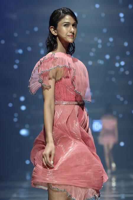 Geisha Designs Pink Nylon Applique Orchids Asymmetric Neck Embellished Twisted Tulle Dress Online at Aza Fashions Geisha Designs_Pink Nylon Applique Orchids Asymmetric Neck Embellished Twisted Tulle Dress _Online_at_Aza_Fashions