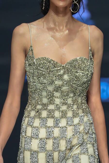 Geisha Designs_Green Nylon Embellished Crystals Sweetheart Eberta Chequered Jumpsuit  _Online_at_Aza_Fashions