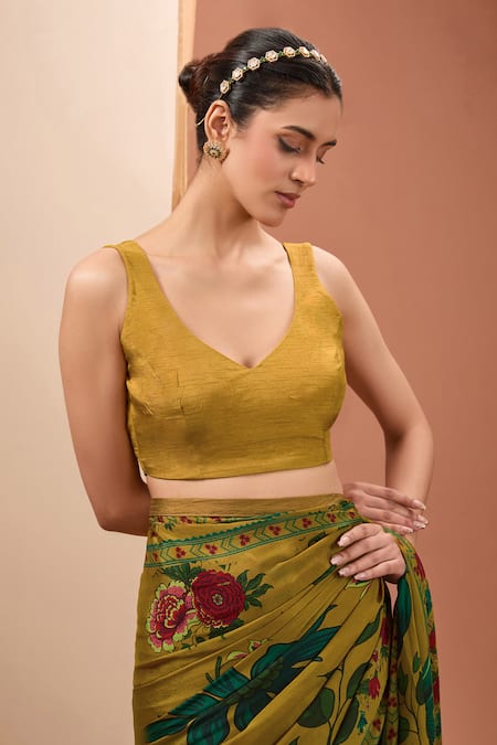 Shop_Neha Khullar_Yellow Silk, Cotton, Viscose Tassels V-neck Floral Print Saree With Blouse _Online_at_Aza_Fashions