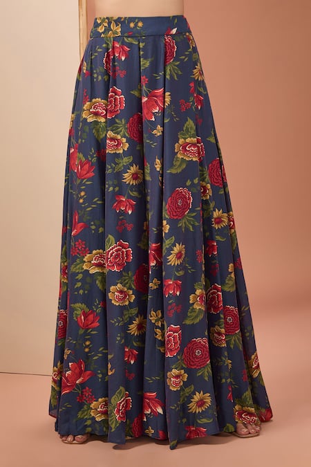 Buy_Neha Khullar_Blue Cotton, Viscose, Chiffon Embroidery, Tassels Floral Print Kurta Sharara Set _Online_at_Aza_Fashions