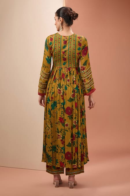 Neha Khullar_Yellow Viscose, Cotton Lace, Embroidery Plunge Floral Print Anarkali Pant Set _Online_at_Aza_Fashions