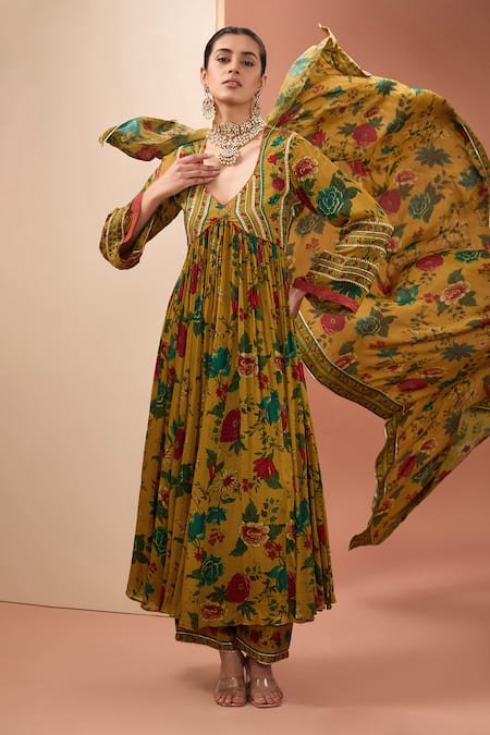 Buy_Neha Khullar_Yellow Viscose, Cotton Lace, Embroidery Plunge Floral Print Anarkali Pant Set _Online_at_Aza_Fashions