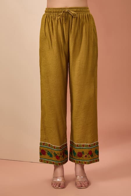 Shop_Neha Khullar_Yellow Viscose, Cotton Lace, Embroidery Plunge Floral Print Anarkali Pant Set _Online_at_Aza_Fashions