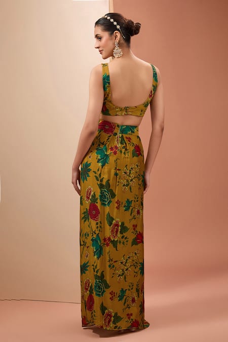 Buy_Neha Khullar_Yellow Viscose Embroidery Plunge Neck Floral Print Draped Skirt Set With Cape _Online_at_Aza_Fashions