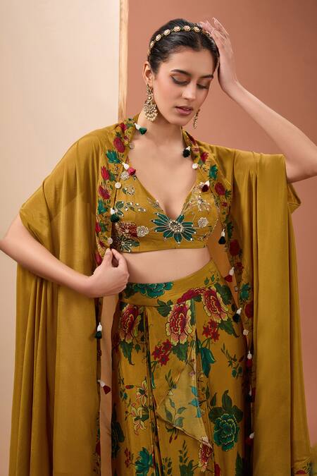 Shop_Neha Khullar_Yellow Viscose Embroidery Plunge Neck Floral Print Draped Skirt Set With Cape _Online_at_Aza_Fashions
