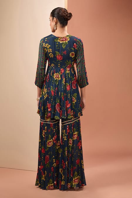 Neha Khullar_Blue Cotton, Viscose Embroidery Round Floral Print Short Anarkali Sharara Set _Online_at_Aza_Fashions