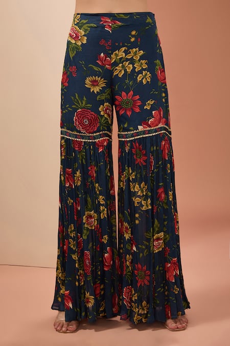 Buy_Neha Khullar_Blue Cotton, Viscose Embroidery Round Floral Print Short Anarkali Sharara Set _Online_at_Aza_Fashions