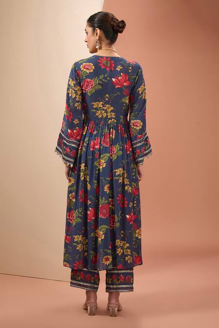 Neha Khullar_Blue Cotton, Viscose Embroidery Round Floral Print Short Anarkali Sharara Set _at_Aza_Fashions