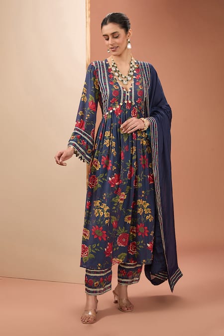 Neha Khullar Blue Viscose Chinon Digital Print Floral Pleated Anarkali Pant Set 