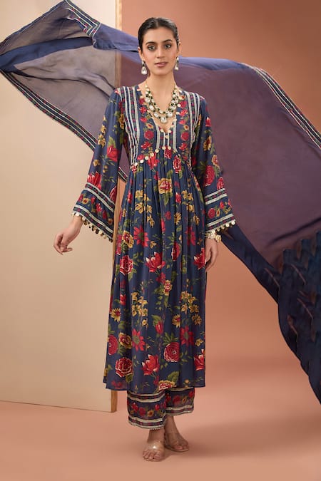 Buy_Neha Khullar_Blue Silk, Cotton, Viscose Tassels, Floral Print Pleated Anarkali Pant Set _Online_at_Aza_Fashions