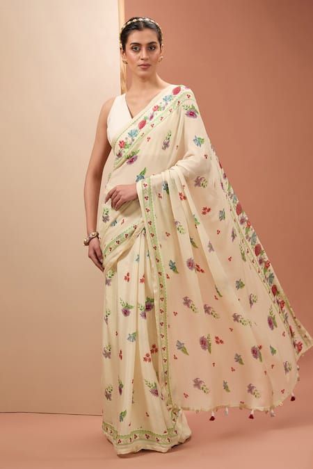 Neha Khullar Ivory Viscose Cotton Digital Print Floral Bloom V Saree With Blouse 