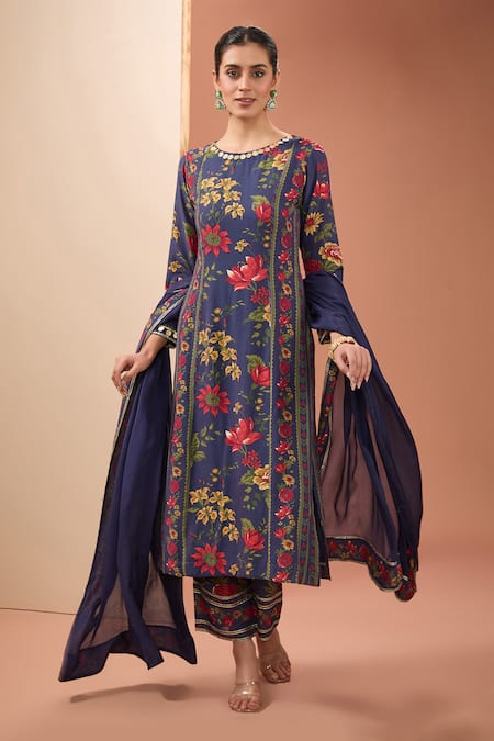 Neha Khullar Blue Viscose Cotton Silk Digital Print Floral Round Straight Kurta Pant Set 