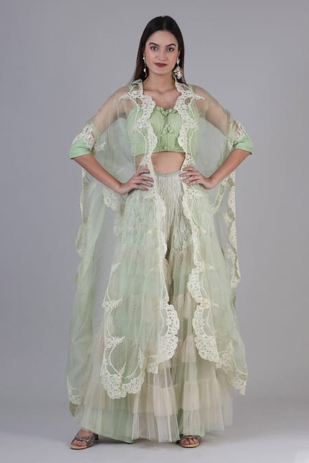 Geisha Designs Alina Floral Scallop Cutwork Jacket Embroidered Sharara Set 