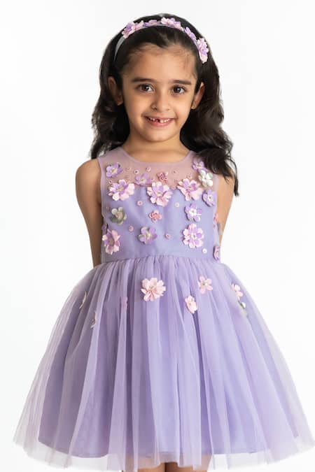 A Little Fable_Purple Tulle, Cotton Embroidery, Applique Floral Flared Dress _Online_at_Aza_Fashions