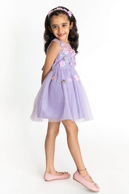 Buy_A Little Fable_Purple Tulle, Cotton Embroidery, Applique Floral Flared Dress _Online_at_Aza_Fashions