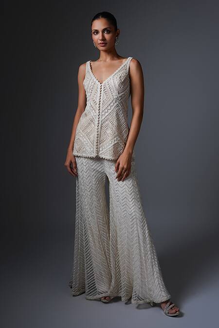 Ritika Mirchandani Ivory Net, Crepe, Georgette, Denim Crystals, Iman Chevron Kurta Sharara Set Online at Aza Fashions Ritika Mirchandani_Ivory Net, Crepe, Georgette, Denim Crystals, Iman Chevron Kurta Sharara Set _Online_at_Aza_Fashions