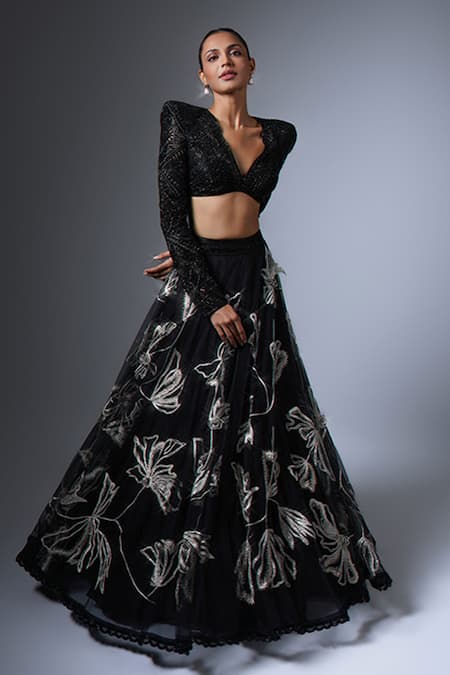 Shop Ritika Mirchandani Black Crepe Embroidery Crystal Plunge V Mahnaz Blouse And Lehenga Set at Aza Fashions Shop_Ritika Mirchandani_Black Crepe Embroidery Crystal Plunge V Mahnaz Blouse And Lehenga Set _at_Aza_Fashions