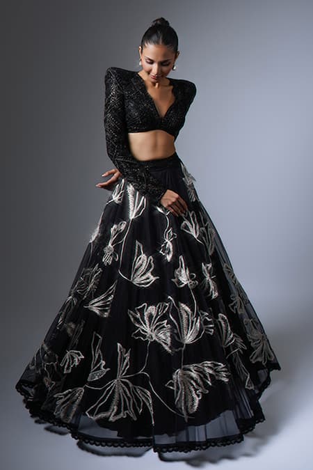Ritika Mirchandani Black Crepe Embroidery Crystal Plunge V Mahnaz Blouse And Lehenga Set Online at Aza Fashions Ritika Mirchandani_Black Crepe Embroidery Crystal Plunge V Mahnaz Blouse And Lehenga Set _Online_at_Aza_Fashions